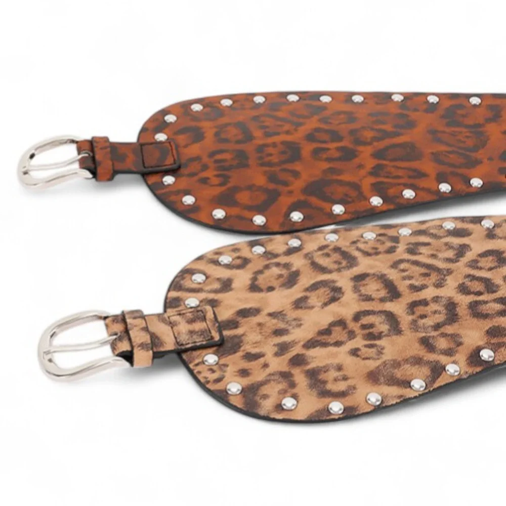 Vegan Leather Leopard Animal Print Statement Belt with Silver Accents